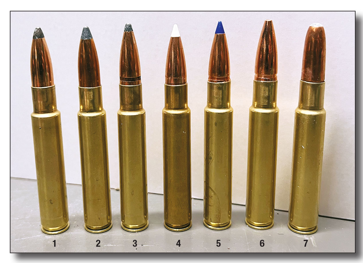 The .338-06 AI loaded: (1) Speer 200-grain spitzer softpoint, (2) Speer 225-grain softpoint BT, (3) Nosler 225-grain AccuBond,  (4) Barnes 225-grain TTSX, (5) Barnes 225-grain TSX, (6) Hornady 225-grain InterLock SP-RP and (7) Hornady 250-grain InterLock RN.